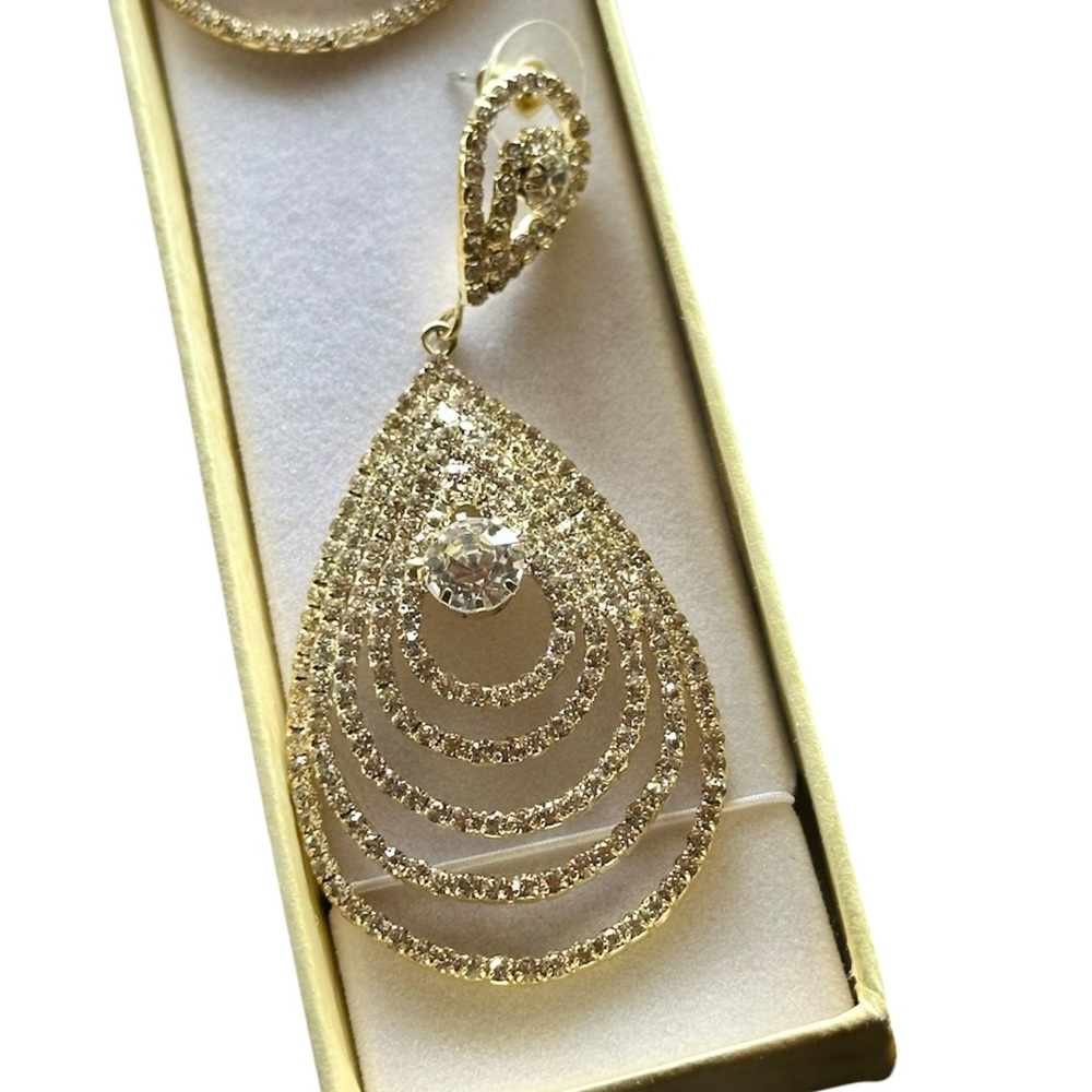 Gold Rhinestone Teardrop Earrings Marylin Monroe Bridal Pageant Prom Statement - Picture 3 of 7